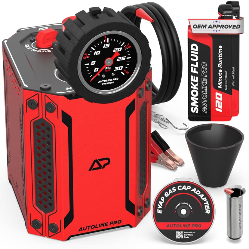 AutoLine Pro HyperSmoke™ Automotive Smoke Machine EVAP Vacuum Leak Tester | Pro Vers. w/Gauge | Adjustable Pressure - OEM Approved Smoke Fluid - Built-in Air Motor - Cone and EVAP Gas Cap Adapter