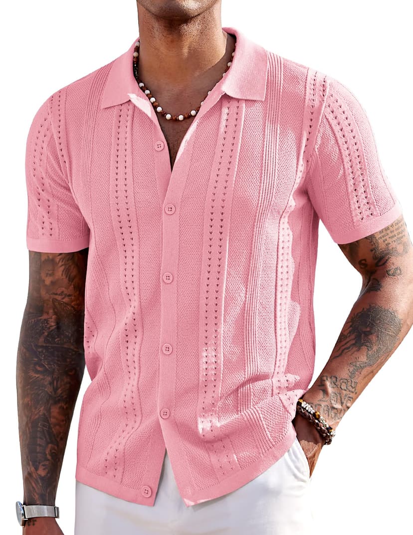COOFANDY Men's Knit Shirts Short Sleeve Button Down Polo Shirt Summer Beach | Fashion Knitted Casual Shirt, Breathable Hollow Out, Lightweight, Vacation Season Staple