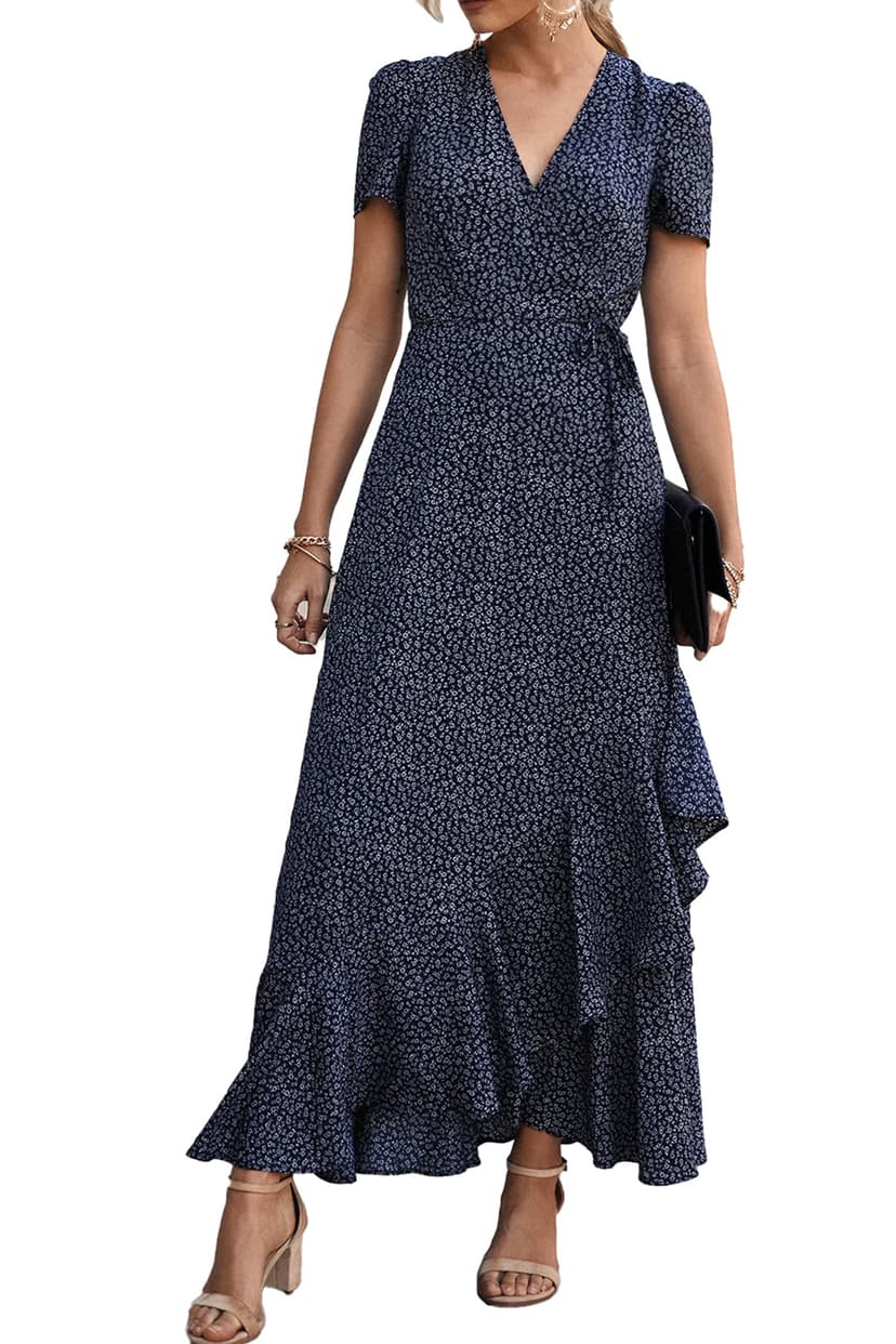 PRETTYGARDEN Women's Boho Floral Maxi Dress Summer Short Sleeve Wrap V Neck Long Flowy Beach Vacation Wedding Guest Dresses