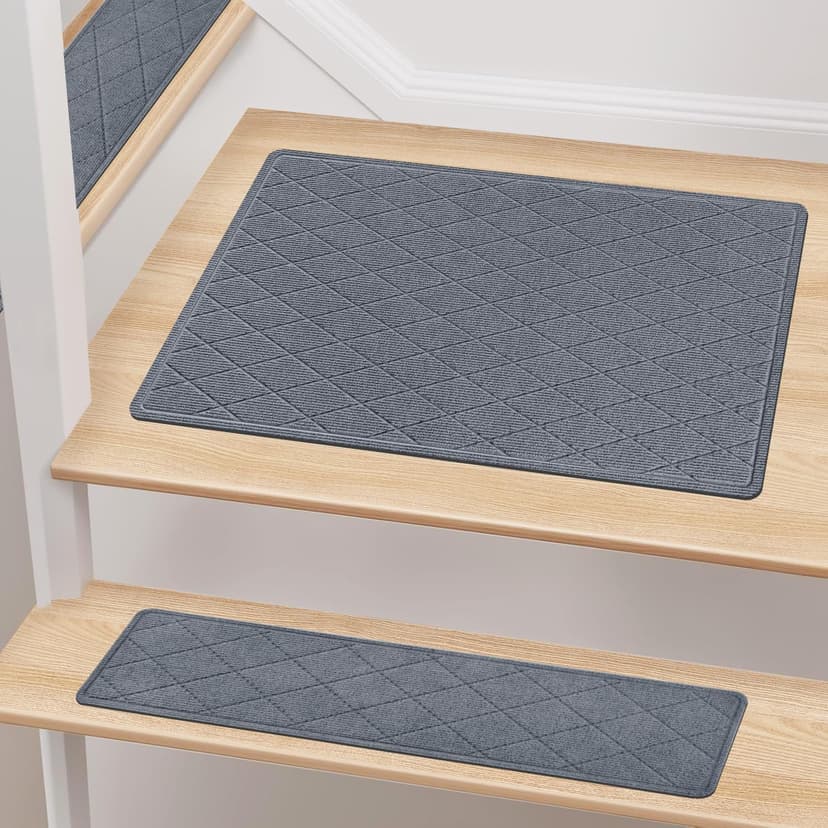 Stair Treads with Landing Rug for Wooden Steps Indoor, Peel and Stick Stair Treads Matching-Mat 20"X32" Stair Landing Slip Resistant Polyester Stair Rugs Non Slip for Seniors and Dogs,Grey Blue