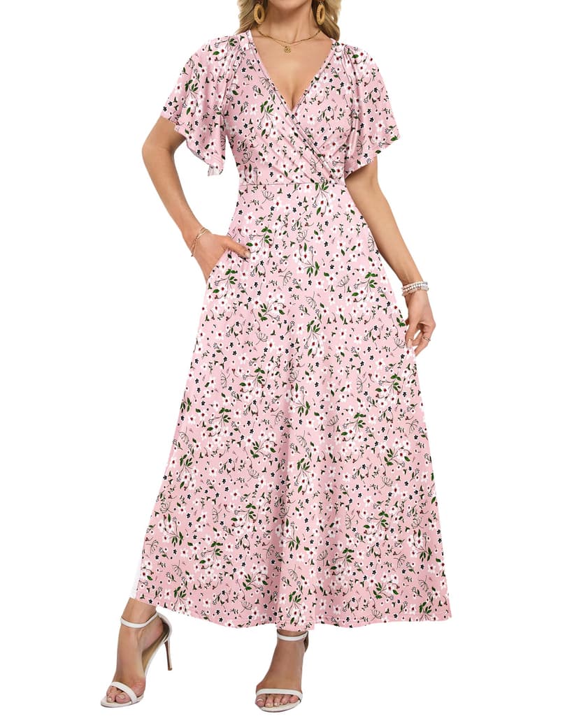 AUSELILY Maxi Dresses Women 2026 Summer Long Flowy Wrap Dress Ruffle Sleeve Deep V Neck Formal Dress with Pockets