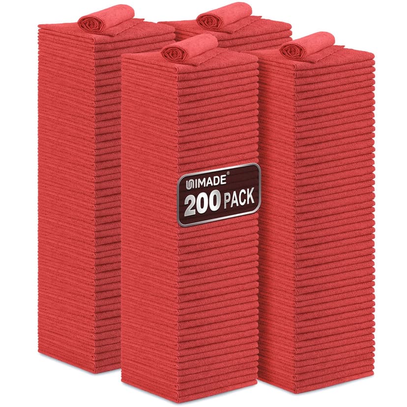 UNIMADE Shop Towel Rag, 200 Pack Reusable Rags Bulk Microfiber Cleaning Cloth Lint Free Towels for Car Kitchen Automotive Bar Mechanic Restaurant Garage, 11.5"x 11.5", Red
