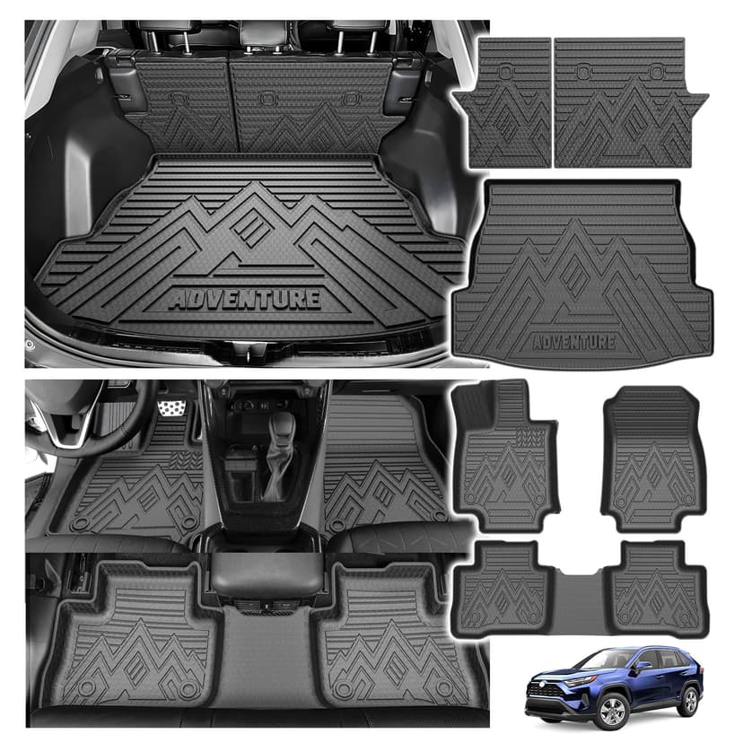 Powerty Floor Mats for Toyota RAV4 2019-2025, All Weather 3D TPE Anti-Slip Trunk Cargo Liner Seat Back Covers Protectors Full Set Car Accessories