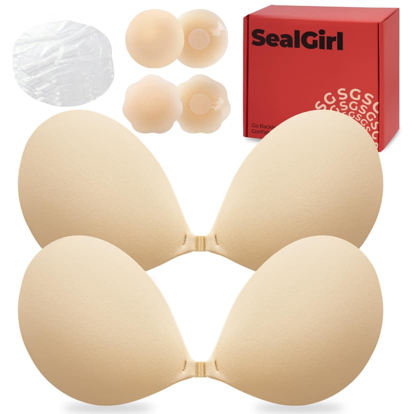 SealGirl Sticky Bra Push Up - 2 Pairs Backless Strapless Bra Invisible Adhesive Bras for Wedding Prom with Nipple Pasties