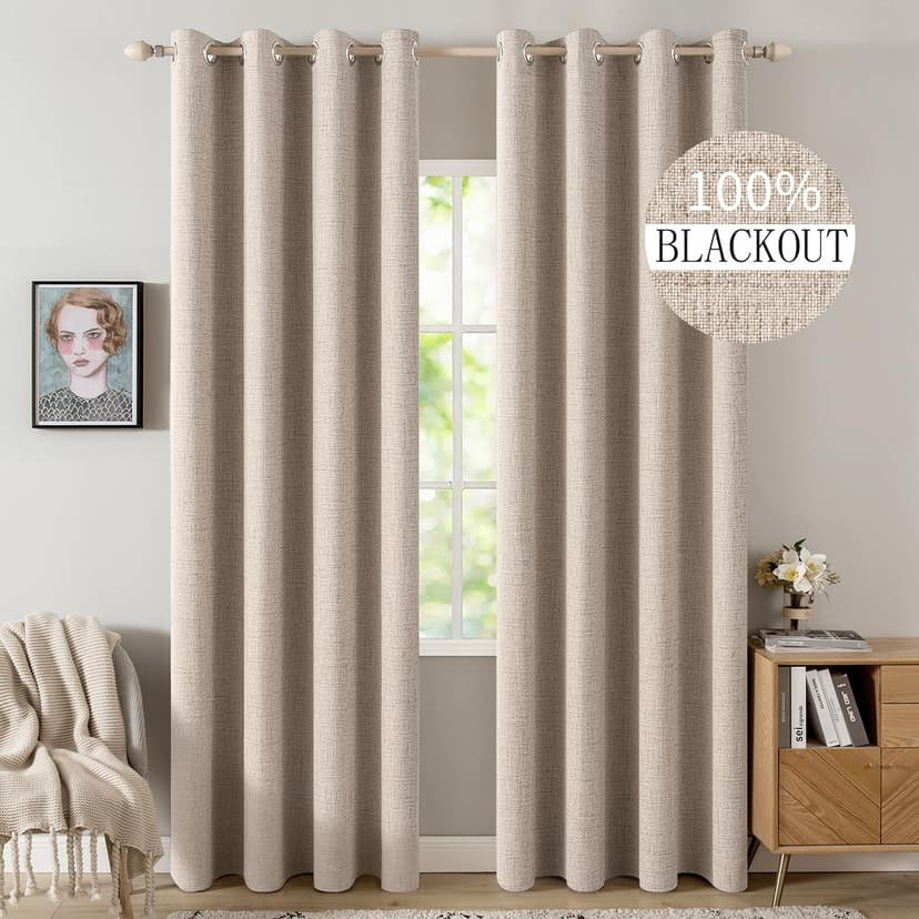 MIULEE 100% Blackout Linen Textured Curtains for Bedroom Solid Thermal Insulated Natural Beige Grommet Room Darkening Curtains & Drapes Luxury Decor for Living Room Nursery 52 x 84 Inch (2 Panels)