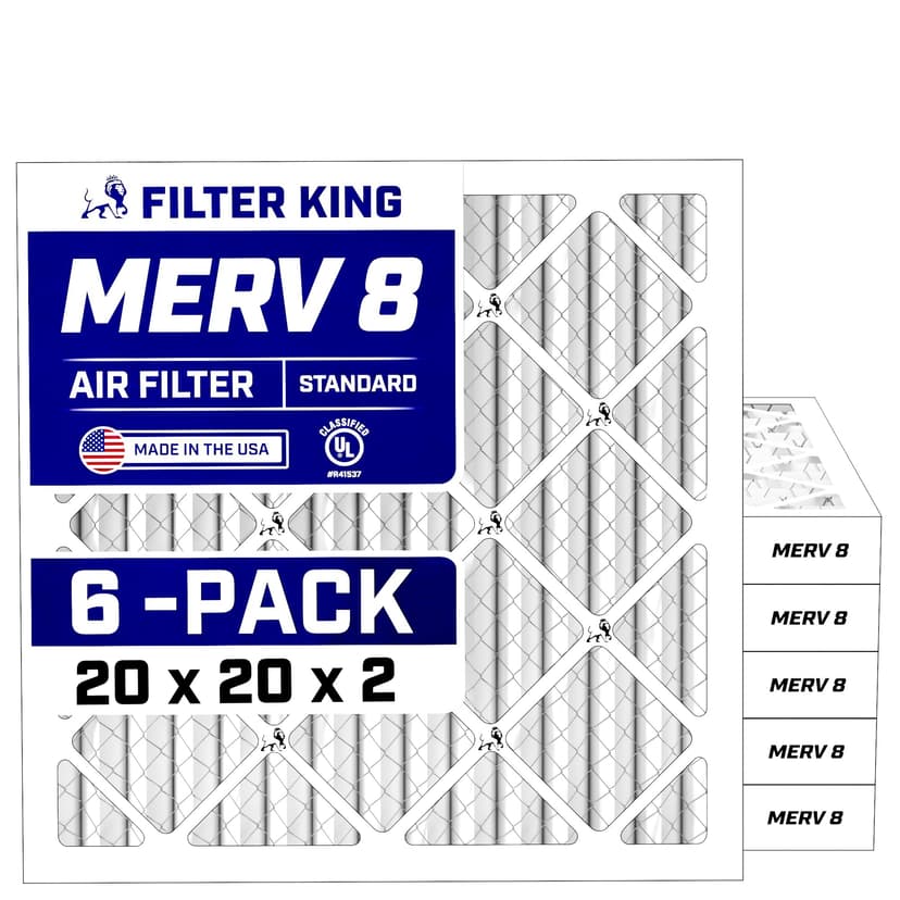 Filter King 20x20x2 Air Filter (MERV 8) (6-Pack) Dust & Allergy Control AC Furnace Filters, MADE IN USA, HVAC, Pleated, Electrostatic (Actual Size: 19.5 x 19.5 x 1.75)