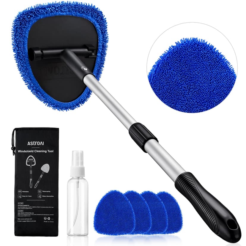 AstroAI 26" Super-Long Windshield Cleaner Tool, Car Interior Window Detailing Cleaning Kit with Extendable Handle and 4 Upgraded Reusable Microfiber Pads, Auto Glass Wiper Brush Kit for Car&Home, Blue