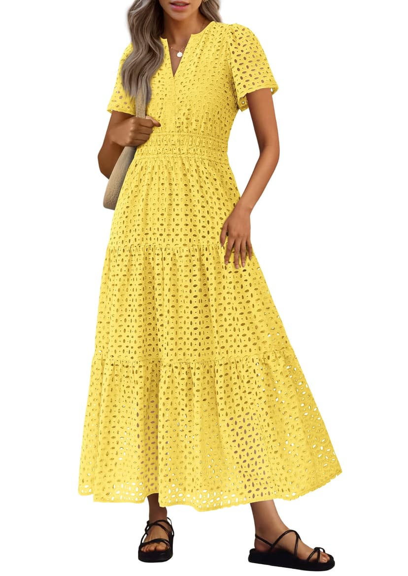 PRETTYGARDEN Womens 2026 Summer Maxi Dress Short Sleeve V Neck Hollow Out Eyelet A Line Long Flowy Beach Vacation Dresses