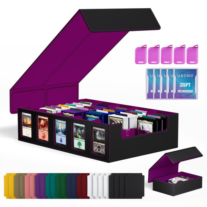 UAONO 5-Row Trading Card Storage Box with Commander Display, Black Purple | 3900+ Card Box with Removable Cover, Card Case Fits MTG TCG Sports Cards, 48 Dividers, 5 Stoppers, 5 Top Loaders, Dice Box