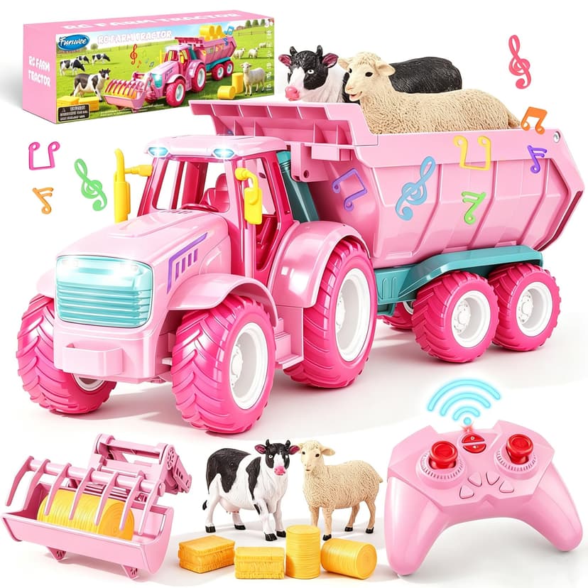 RC Farm Tractor Toy w/ Light & Music, Includes Loader, Trailer & Animals | 2.4GHz Kids RC Truck Toys for Ages 3-8, Outdoor Remote Vehicle Playset, Fun Car Gifts for Boys & Girls (Pink)