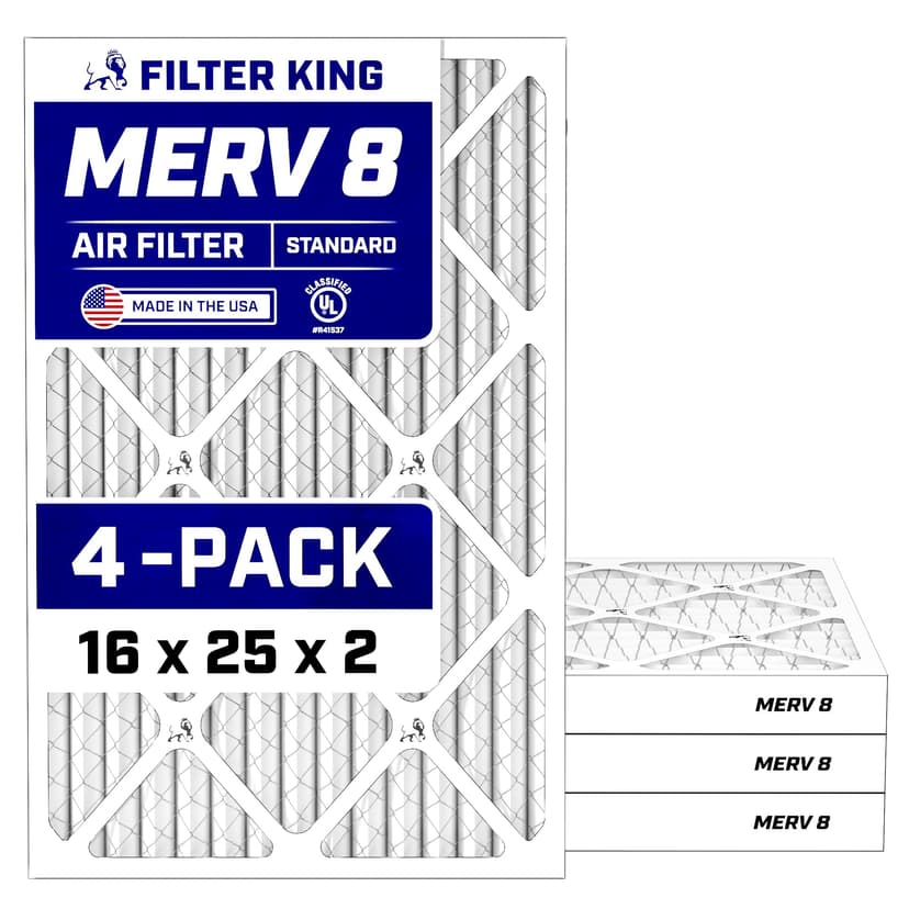 Filter King 16x25x2 Air Filter (MERV 8) (4-Pack) Dust & Allergy Control AC Furnace Filters, MADE IN USA, HVAC, Pleated, Electrostatic (Actual Size: 15.5 x 24.5 x 1.75)