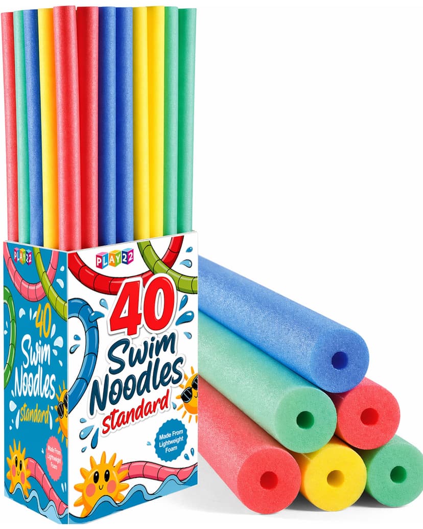 Play22 40 Pack Pool Noodles Foam - 4 Colors Extra Dense Foam Bulk Swim Noodles for Pool, Lake & Float Training - Durable Water & Exercise Tubes, Multi-Use, Craft Projects, Pipe Insulation