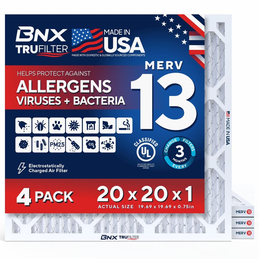 BNX TruFilter 20x20x1 Air Filter MERV 13 AC Filter, HVAC Furnace Filter, 4 Pack (ACTUAL SIZE 19.68"x19.68"x0.75") Allergies, Dust, Pet Dander & Smoke - MADE IN USA - MPR1500 / FPR 10