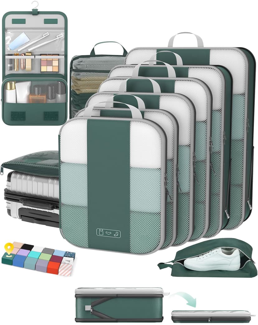 10 Set Compression Packing Cubes for Travel Essentials,Compressible Expandable Packing Cubes for Suitcase,OlarHike Luggage Garment Bags for Travel,Handy Helper for Organizing Clothes(Dark Green)