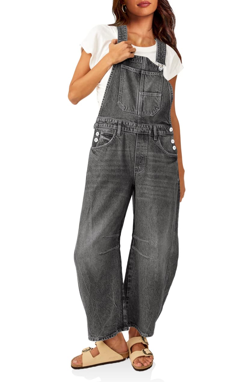 PLNOTME Womens Denim Bib Overalls Barrel Leg Adjustable Strap Jean Jumpsuit | 90s Outfits,Baggy Jumpers,Loose Overalls with Pockets