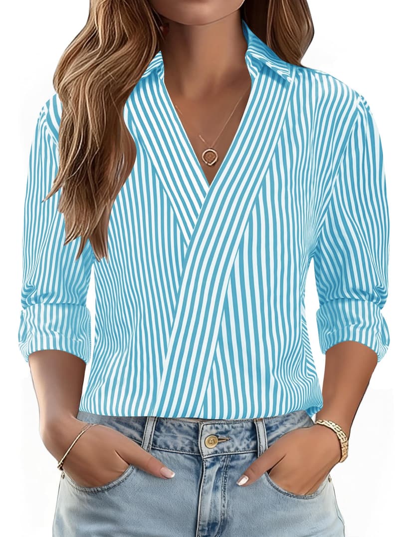 LOMON 3/4 Length Sleeve Womens Tops Dressy V Neck Collared Shirts Trendy Business Casual Work Blouses Vacation Outfits 2026