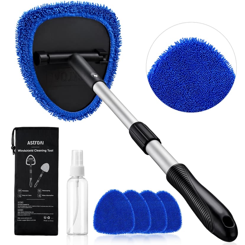 AstroAI 21" Extra-Long Windshield Cleaner Tool, Car Interior Detailing Cleaning Kit with Extendable Handle and 4 Upgraded Reusable Microfiber Pads, Auto Glass Wiper Brush Kit for Cars, Blue, 2 Pack