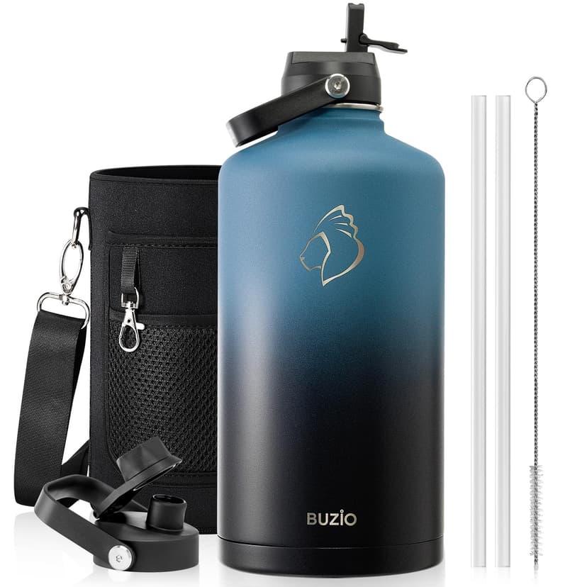 BUZIO 1 Gallon Water Bottle Insulated with Straw Lid, 128oz Large Water Jug Stainless Steel Metal Vacuum Water Flask Leak Proof 18/8 Food Grade Thermo Mug Keep Cold 48H & Hot 24H, Indigo Crush