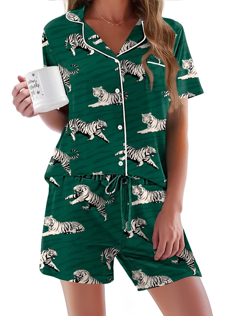 Ekouaer Pajamas Set for Women Short Sleeve Sleepwear Button Down Pj XS-XXXL | Summer 2 Piece Lounge Set, Soft Fabric, Drawstring Waistband, for Bridesmaid Bride Party, Plus Size, Petite, Cute Pattern