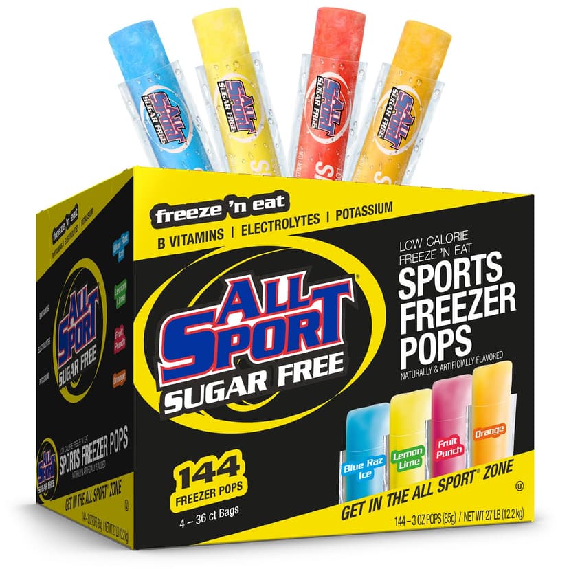All Sport Sugar Free Electrolyte Freezer Pops, Variety Pack, 144 Count | B Vitamins & Potassium, Electrolytes, Hydration Support, Sports Hydration, Blue Raz Ice, Lemon Lime, Fruit Punch, Orange
