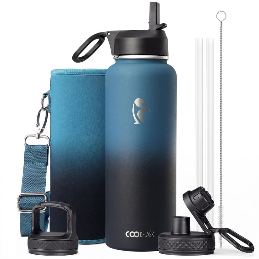 Water Bottle 40 oz Insulated with Straw, Coolflask Stainless Steel Metal 3 Lids Water Flask for Sports or Office, Keep Cold 48H Hot 24H, Samurai Cyan