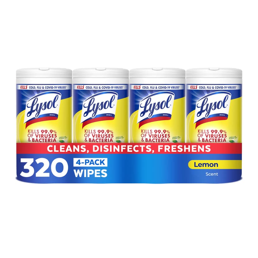 Lysol Disinfecting Wipes, Multi-Surface Cleaner, Lemon, 80 ct. (4 Pack) | All Purpose Cleaner, Sanitizing, Deodorizing, Apartment Essentials, Back To School Cleaning Supplies, Kitchen & Bathroom Wipe