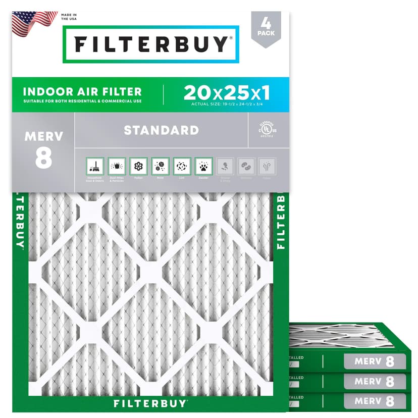 Filterbuy 20x25x1 Air Filter MERV 8 Dust & Allergy Defense (4-Pack) | Electrostatic Pleated HVAC AC Furnace Filters Replacement, Made in USA (Actual Size: 19.50 x 24.50 x 0.75)