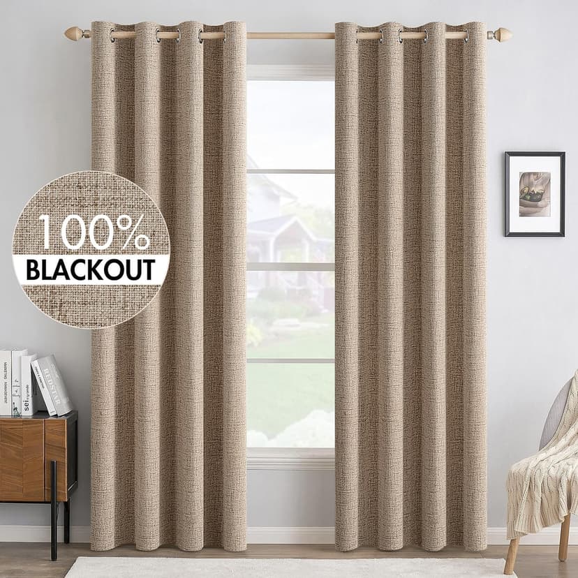 MIULEE 100% Blackout Linen Curtains for Bedroom 52x96 Inches Copper Brown | Room Darkening, Light Blocking, Thermal Insulated, Grommet Top, Linen Textured, Window Curtains for Living Room, 2 Panels