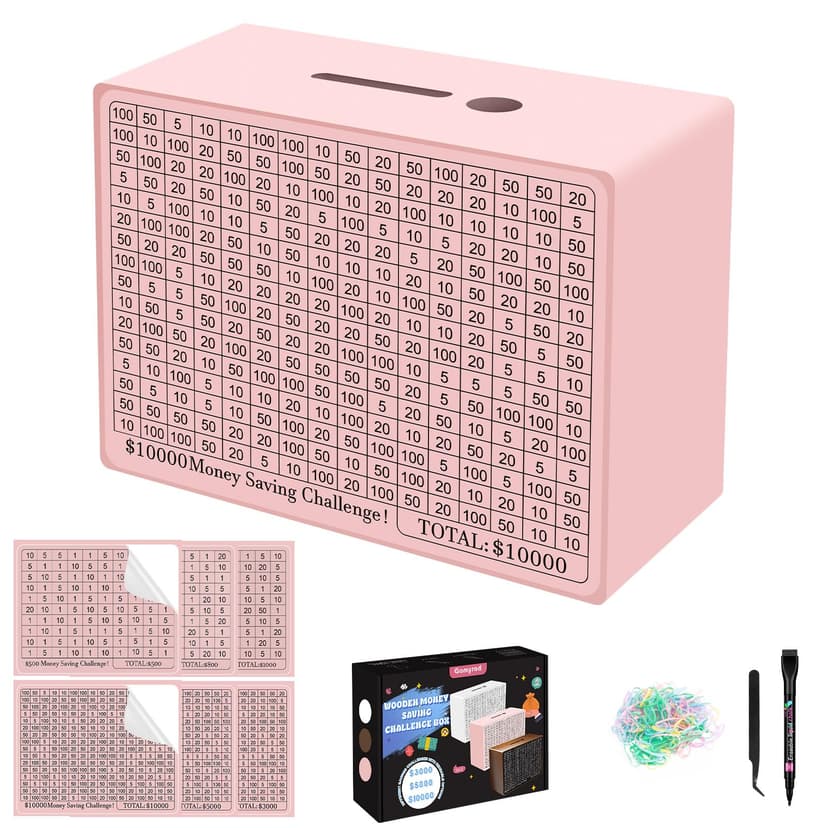 Wooden Money Saving Box, Cash Vault Savings Box for $10000 $5000 $3000 $1000 $800 $500 Target Money Saving Challenge, Reusable Money Box with Counter, Dry Erase Pen/Savings Trackers/Rubber Band-Pink