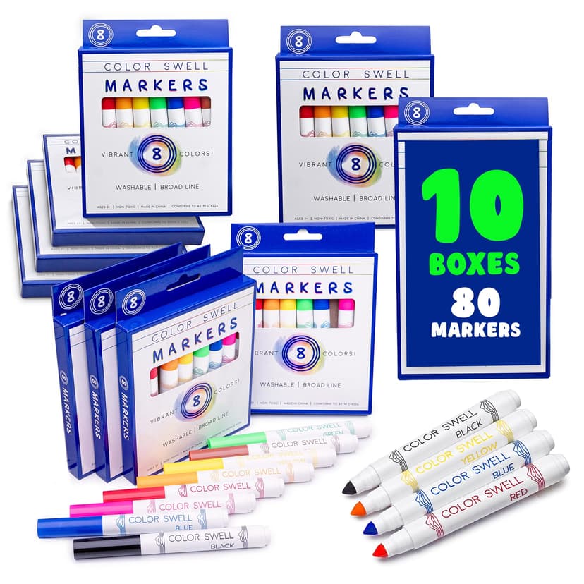 Color Swell Washable Bulk Markers 10 Boxes of 8 Vibrant Colors Are Perfect for Teachers, Kids, Parties, and Classrooms