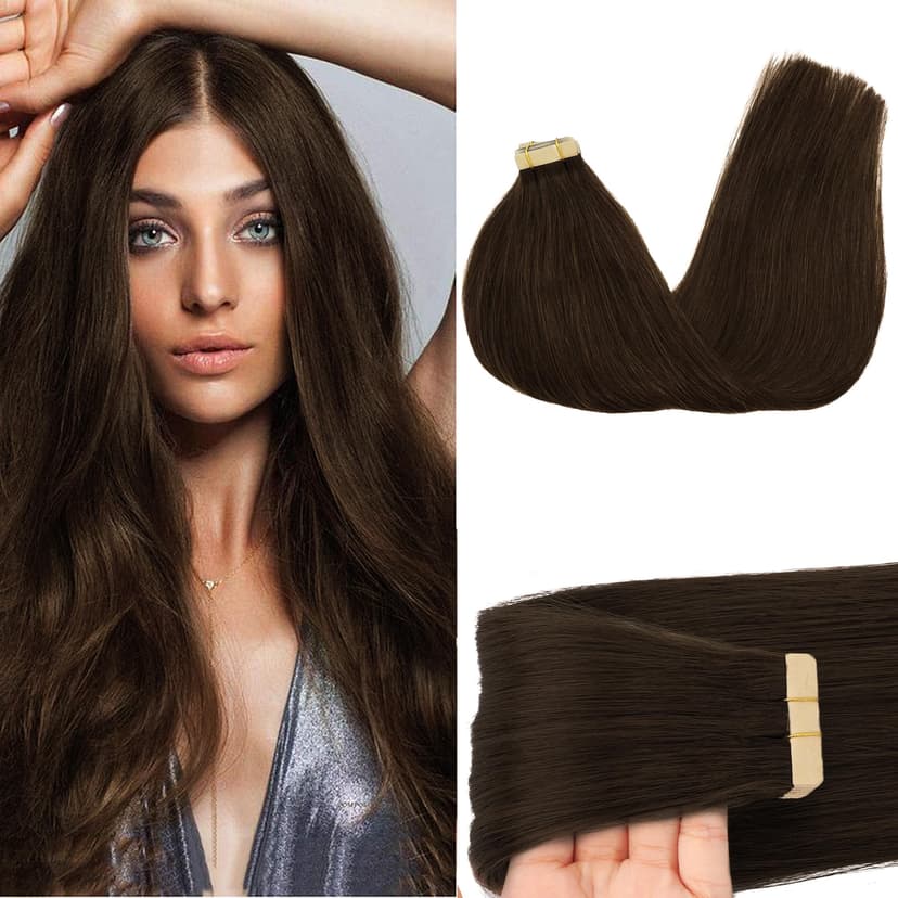 GOO GOO Tape in Hair Extensions Human Hair 24" 20pcs #4A Chocolate Brown | 50g, Remy Human Hair, Strong Hold, Long-lasting, Invisible, Daily Wear