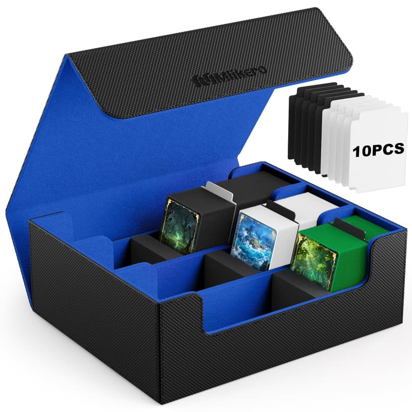 Mlikero Trading Card Storage Box, Bulk Card Storage for 1800+ Sleeved Cards, PU Leather Magnetic Closure Card Organizer with 10 Dividers & 3 Foam Stoppers, Fit for MTG, TCG and Sports Cards (Blue)