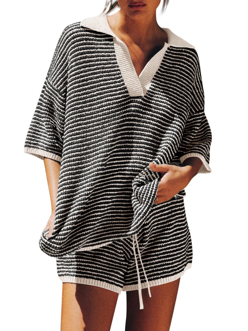 Tankaneo Womens Sweater Set 2 Piece Outfits Oversized 3/4 Sleeve V Neck Knit Tops High Waisted Shorts Lounge Sets