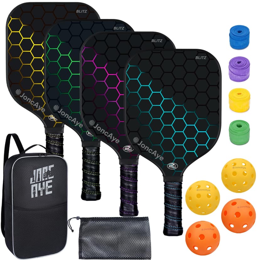 JoncAye Pickleball Paddles Set of 4 or 2, USAPA Approved Fiberglass Rackets | with Outdoor Indoor Balls, Bag, Overgrip, Lightweight Pickle-ball Equipment for Beginner, Intermediate, Family