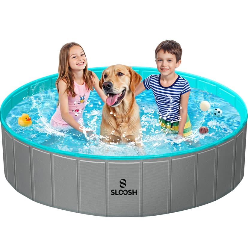 SLOOSH Foldable Dog Kiddie Pool - Portable Hard Plastic Doggie Swimming Pool, Anti-Slip Collapsible Pets Bath Tub Suitable for Kids Toddler Indoor Outdoor Backyard Use (Gray, 63" x 12")