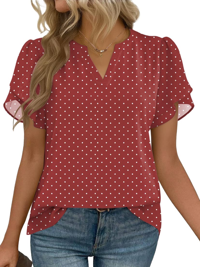 Zeagoo Womens Dressy Casual Chffon Shirts Short Sleeve V Neck Work Blouse | Flowy Business Casual Tops, Petal Sleeves, Double Layer, Office, Teacher, Interview Outfits for Spring, Summer