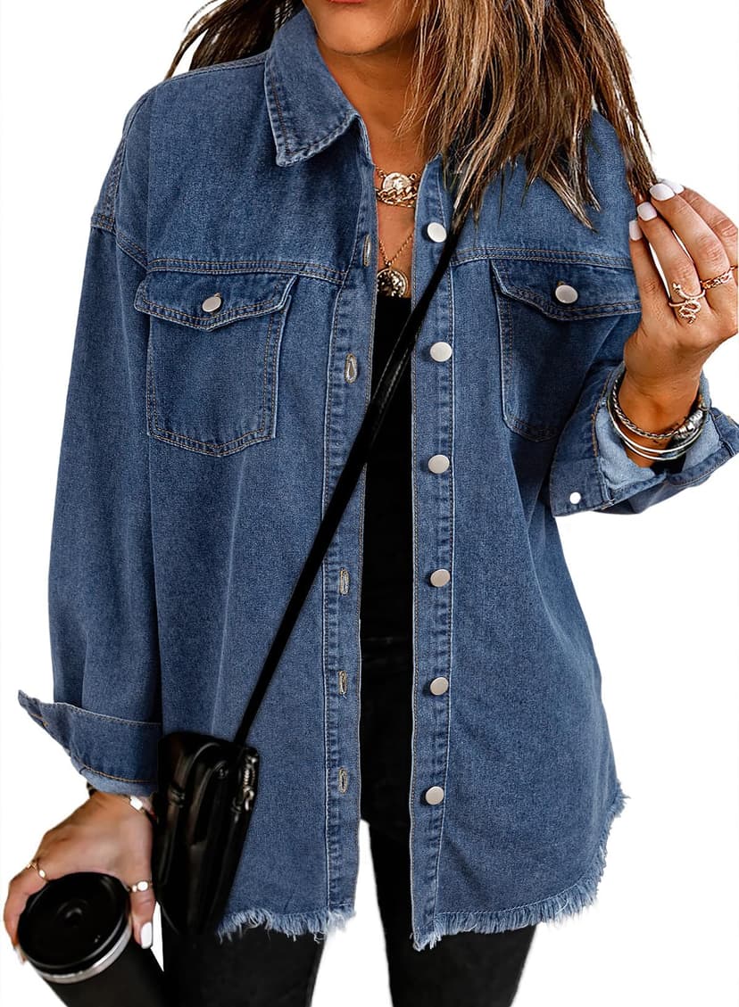 Dokotoo Womens Button Down Oversized Distressed Boyfriend Jean Jacket | Fall Outfits for Women 2026, Classic Denim Jacket for Country Concert, Date Night, Trendy Light Jackets Shacket Coat