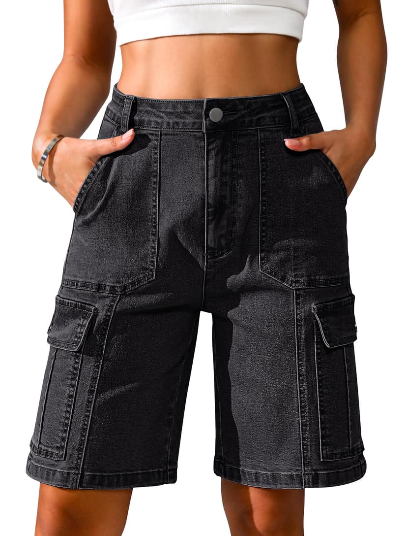 Eddoyee Bermuda Cargo Shorts for Women Casual Long Knee Length High Waisted Stretch Wide Leg Relaxed Fit