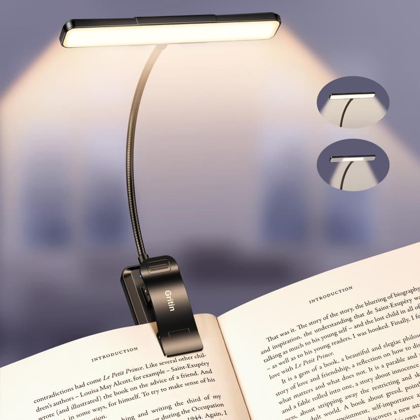 Gritin 2026 Gen 2 Book Light for Reading- 32 Eye Caring Full Spectrum LED | 5 Colors & 5 Brightness, Adjustable Wide/Narrow Beam, Upgrade 1500mAh Long-Lasting Rechargeable Clip on Light for Book Lover