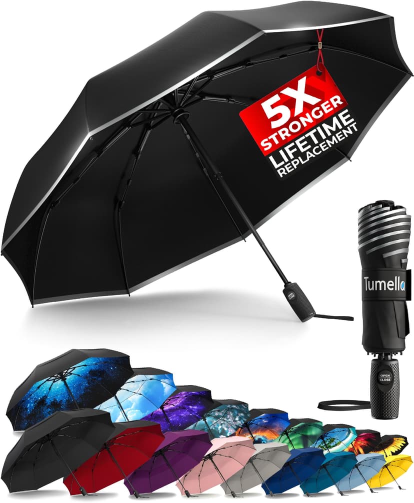 TUMELLA Strongest Windproof Travel Umbrella (Compact, 100MPH Wind-Tested), Light, Portable, One-Handed Use, Automatic Folding Rain Umbrella, Durable, Premium Grip, Fits Car & Backpack