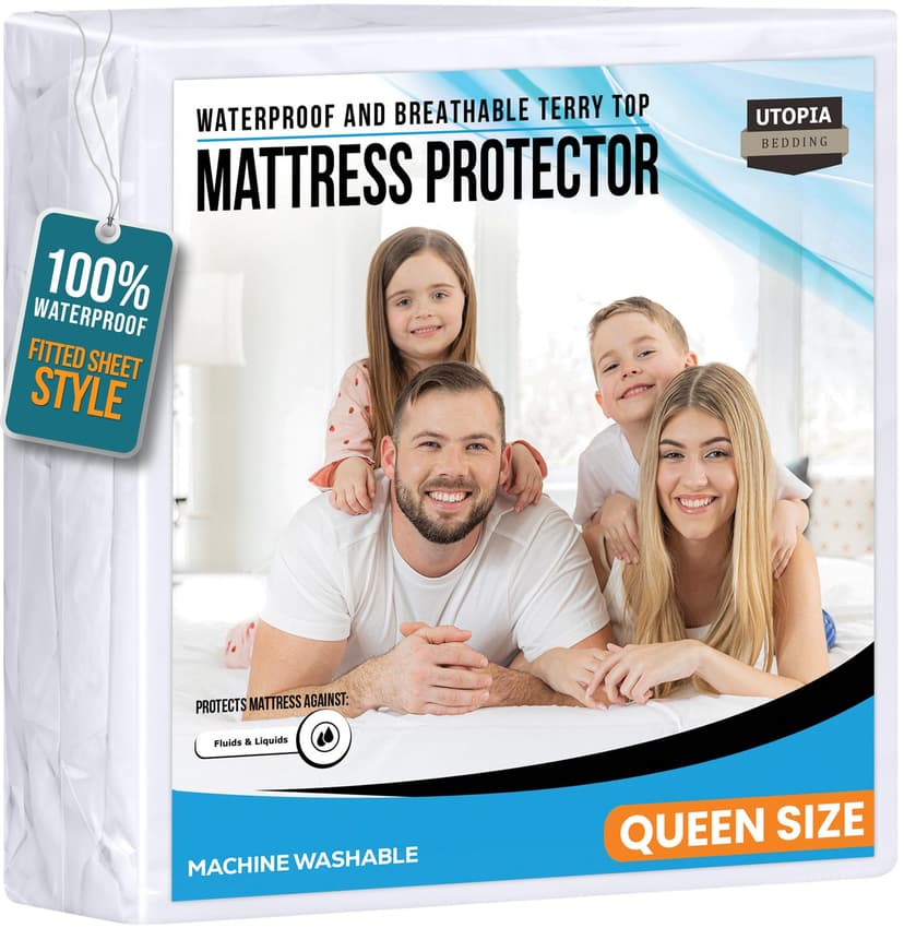 Queen Size Mattress Protector Waterproof, Premium 200 GSM Terry Mattress Cover, Soft & Breathable Bed Cover, Fitted Sheet Style Stretchable Deep Pockets 17" by Utopia Bedding (White)