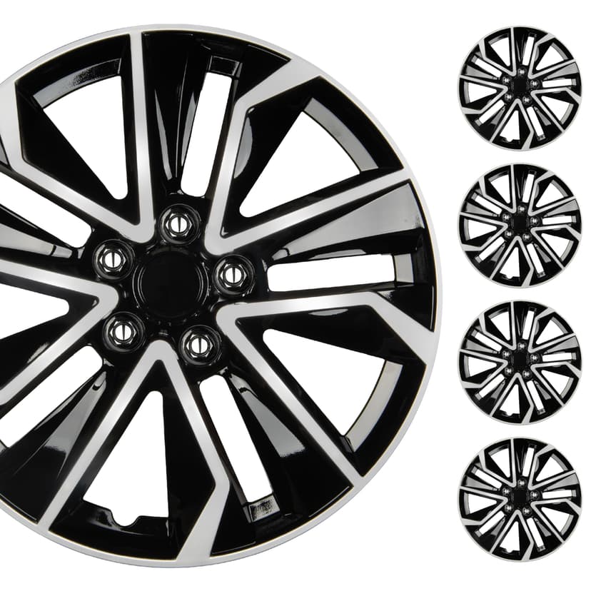 BDK 16 Inch Hubcaps Set of 4 – OEM Replacement Snap-On Wheel Rim Covers - Universal Fit Car Wheel Cover for Cars, Trucks, SUV, Vans Durable ABS Black & Silver 10-Spoke Hub-Cap Car Accessories Exterior