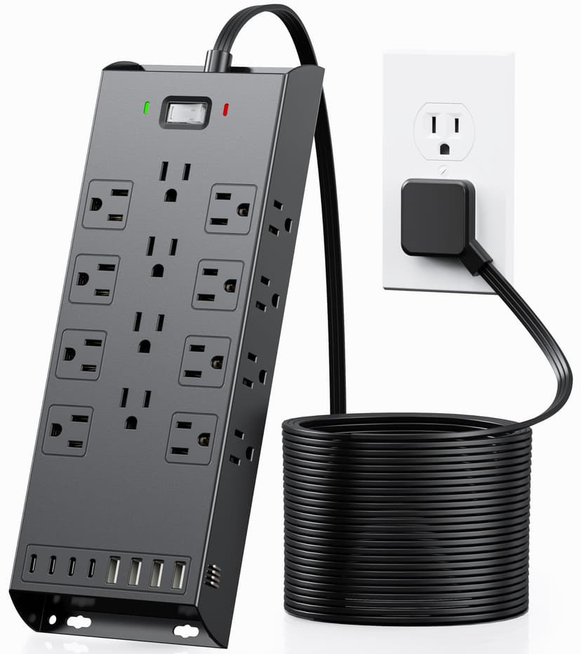 Surge Protector Power Strip 4800J, LeZone 10Ft Long Extension Cord Flat Plug, 20 Outlets 8 USB Ports(4 USB-C), Wall Mountable, Desk Charging Station, Black