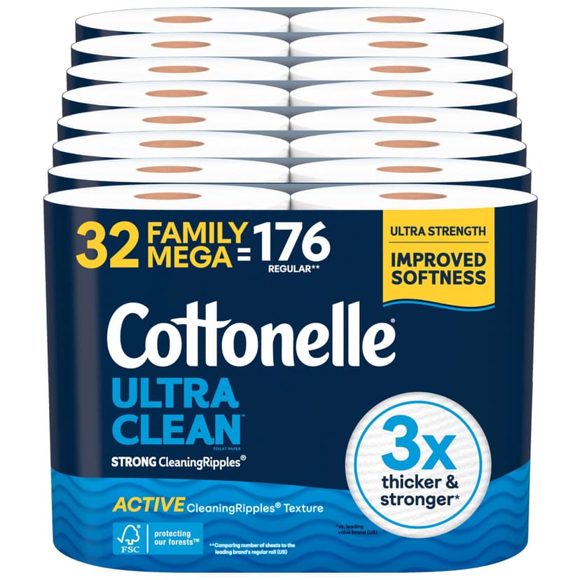 Cottonelle Ultra Clean Toilet Paper, 32 Family Mega Rolls=176 Regular Rolls