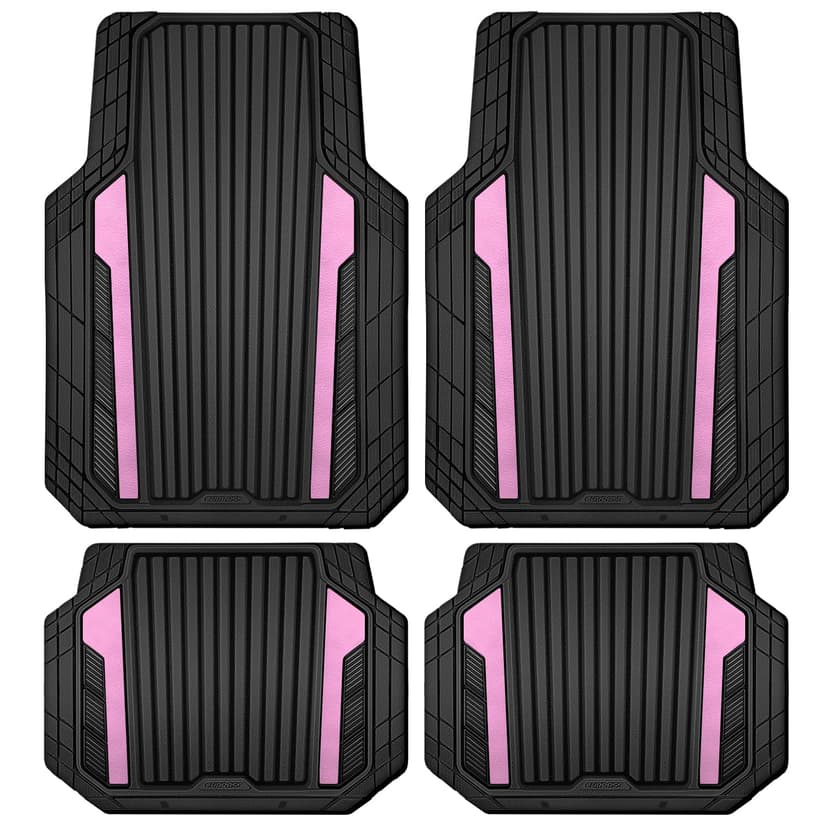 CAR PASS Heavy Duty Rubber Car Mats Metallic, Aluminum Film Cute All Weather Floor Mats Waterproof Universal Trim to Fit for SUV Sedan Van 4 Piece Deep Dish Two-Tone Sporty Black Light Pink Chrome