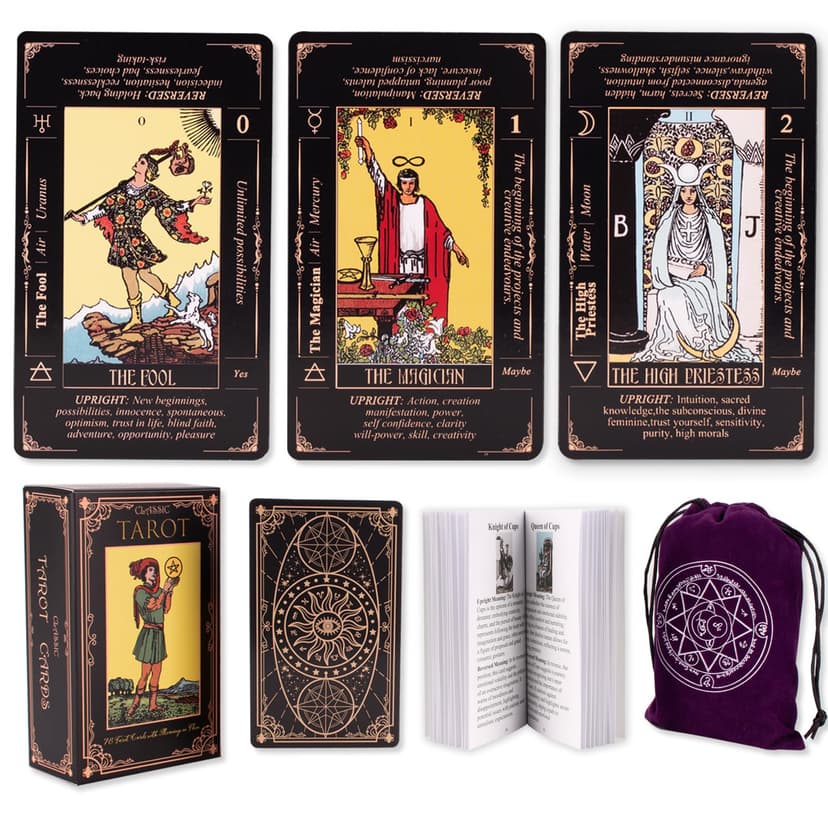 KLEDERY Tarot Cards for Beginners, Classic Tarot Deck with Meanings, Durable Cards with Guide Book, Black