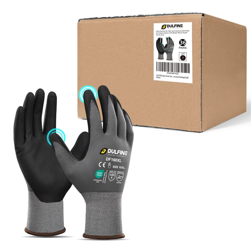 DULFINE MicroFoam Nitrile Coated 36 Pairs Work Gloves for Men Grey M | Strong Grip, Touchscreen, Seamless Nylon Knit, Ideal for General Purpose, Automotive, Home Improvement, Painting, Men & Women