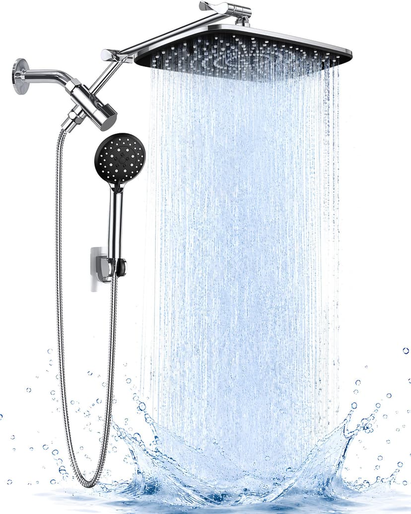 Veken 11.8" Rain Shower Head with Handheld, High Pressure Handheld Shower with Multi Spray Modes, Rainfall Combo with 15" Metal Extension Arm, Detachable Dual Shower, Bathroom Decor, Chrome Silver
