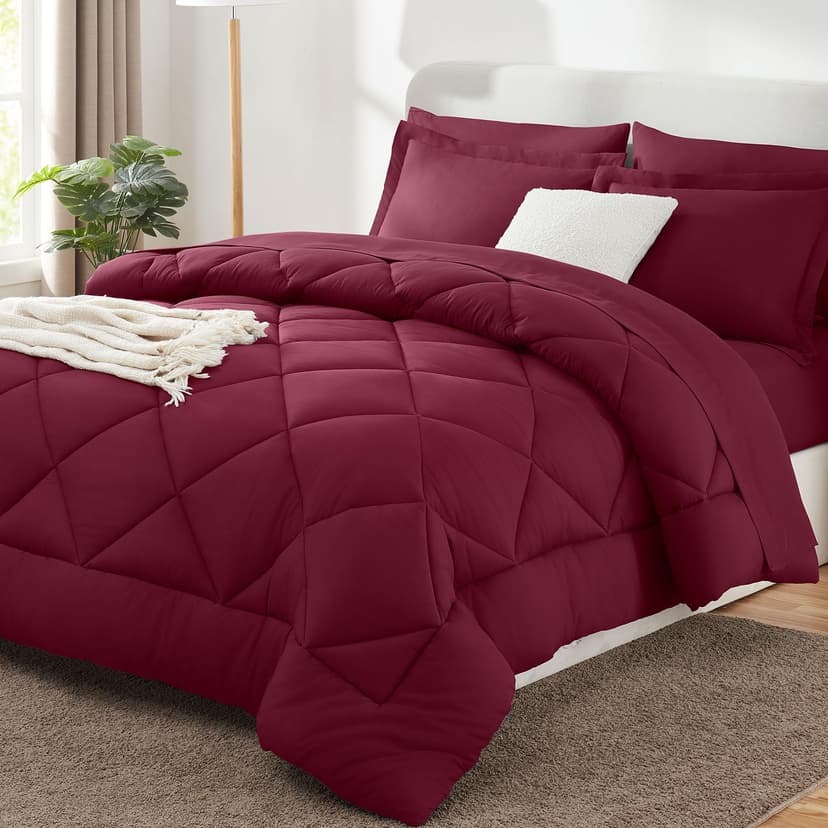 CozyLux Full Size Comforter Sets Burgundy - 7 Pieces Bed in a Bag Full, Luxury Soft Bed Set for All Seasons, Bedding Set with Down Alternative Comforter, Sheets, Pillowcases & Shams, Red