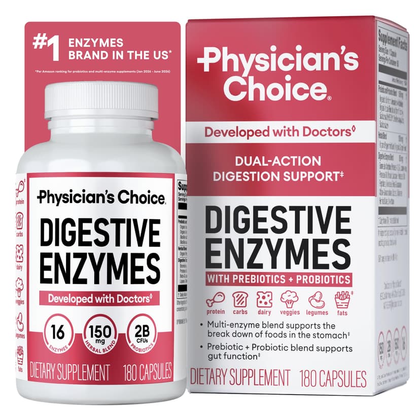Physician's CHOICE Digestive Enzymes for Bloating & Digestion - Fast-Acting 16 Enzyme Formula with Organic Prebiotics & Probiotics for Gut & Digestive Health - Meal Time Discomfort Relief - 180 CT